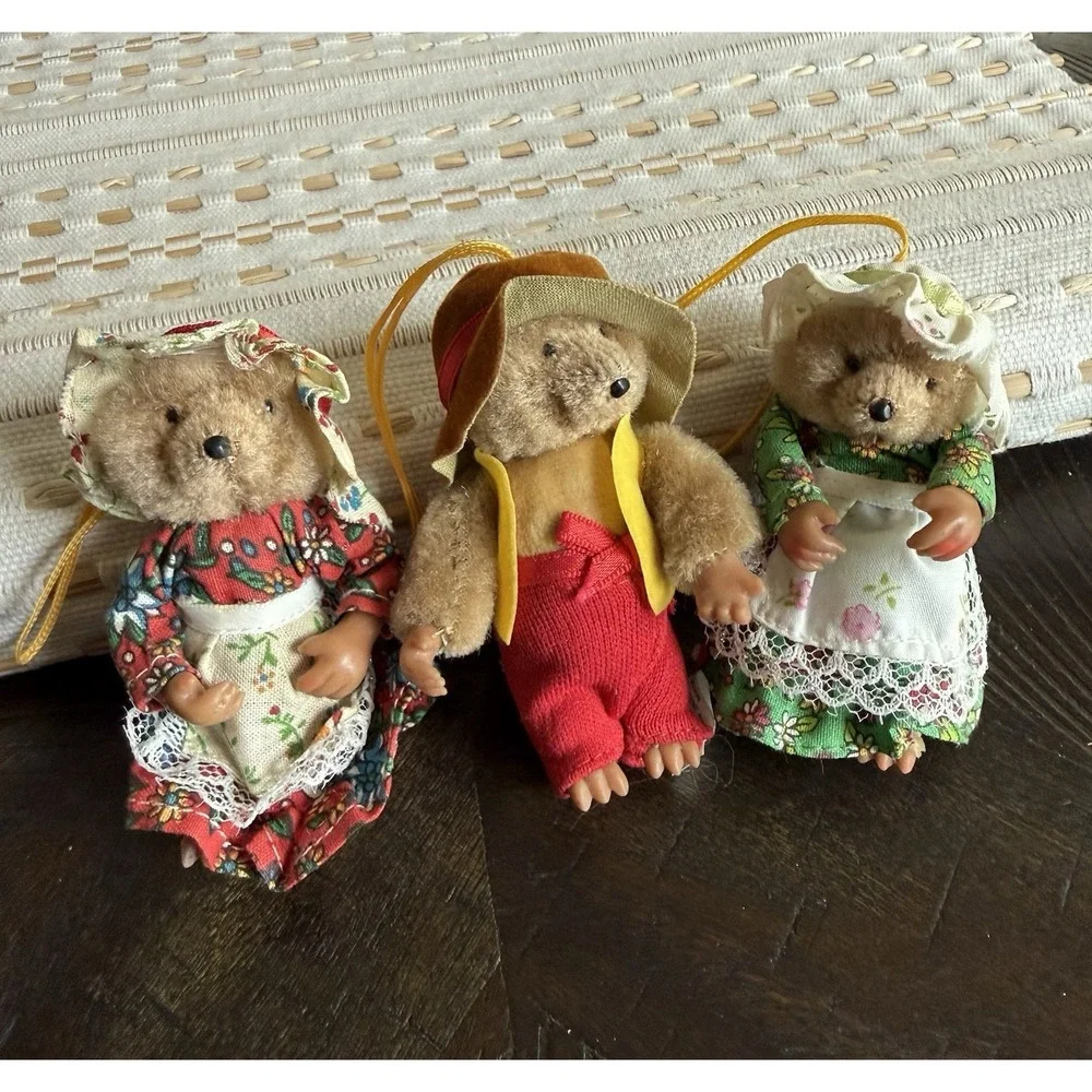 Lot-3 Vtg 1970-1980 Namjin Fuzzy Country Bear Christmas Ornaments Cottage Core